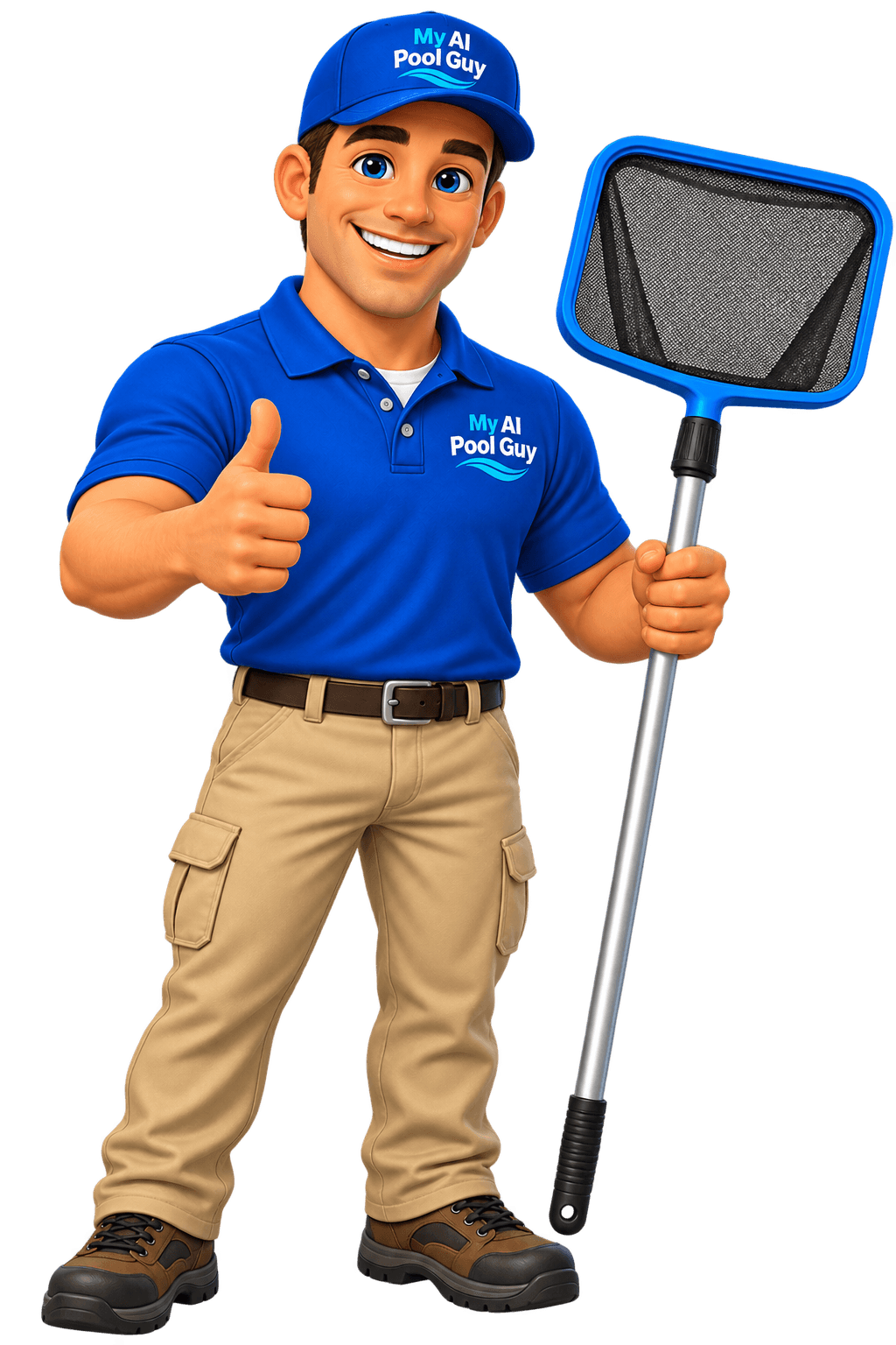 My AI Pool Guy mascot holding a pool skimmer